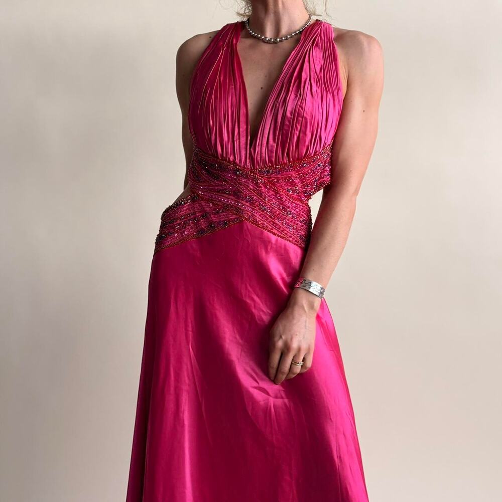 Y2K Fuchsia Beaded Halter Gown - Cross Back Straps, Fits M
